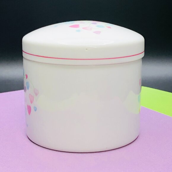 80s FTDA Pastel Heart Blue Ribbon Bouquet Porcelain Canister Vintage Candy Jar - Picture 2 of 10